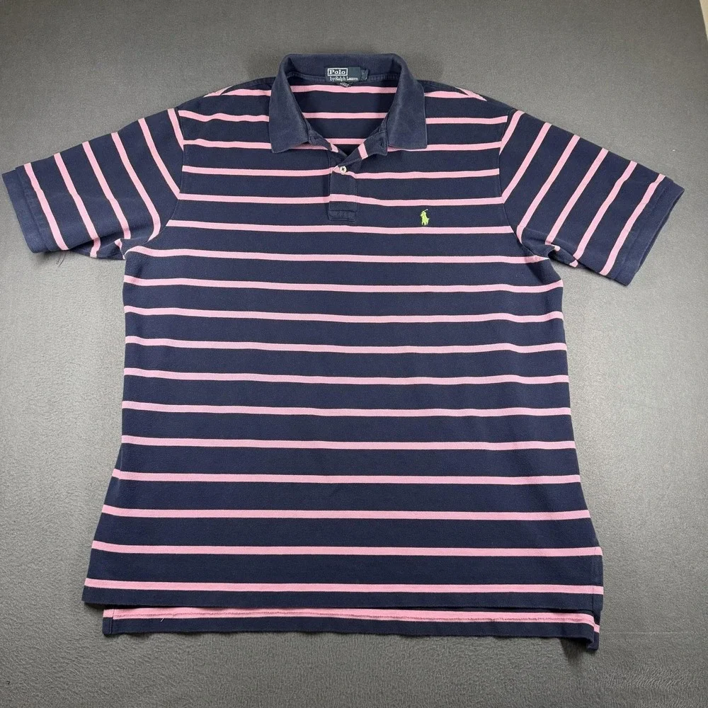 Polo Ralph Lauren Polo Shirt Mens 2XLT Navy Pink Stripe Short Sleeve Pony Logo